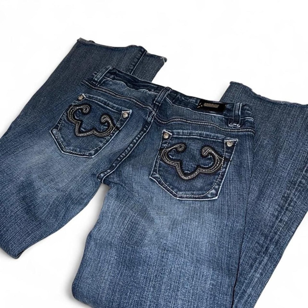 Y2K ReRock for Express Flare Jeans Women Blue Good Embroidered Low Rise Size 2